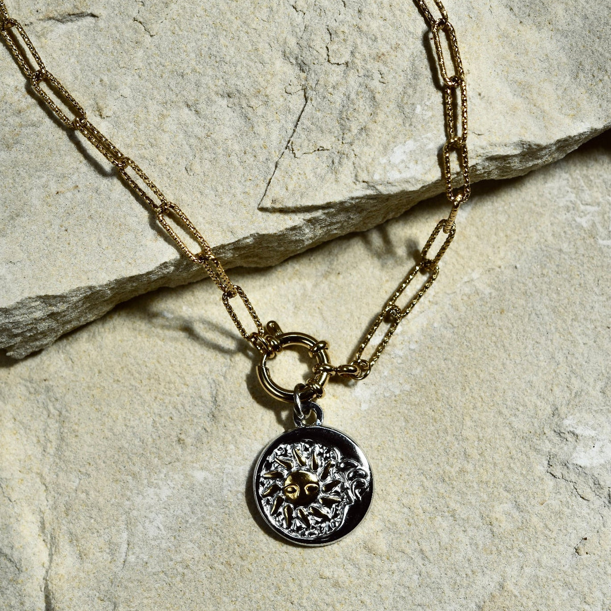 Mixed Metal Sun and Moon Necklace