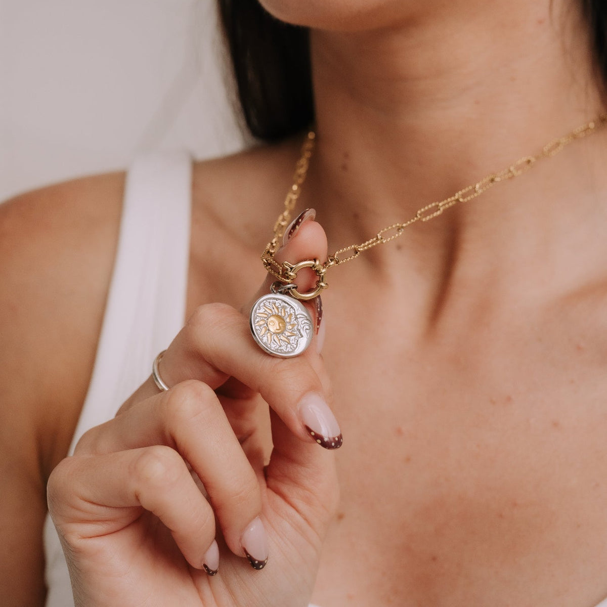 Mixed Metal Sun and Moon Necklace