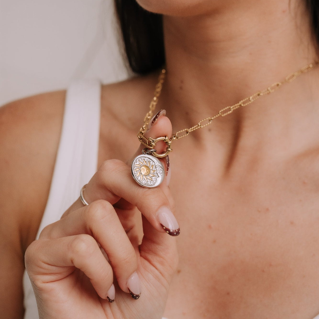 Mixed Metal Sun and Moon Necklace